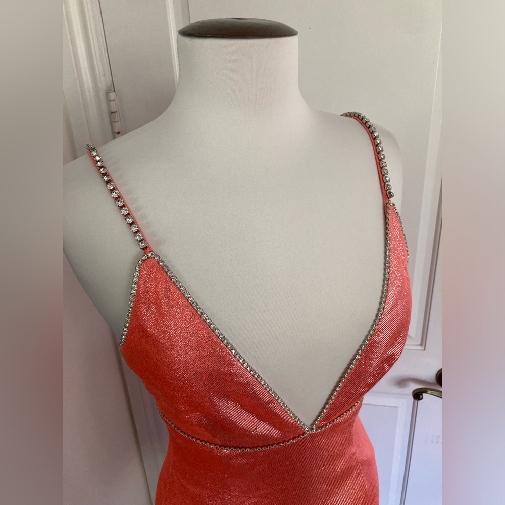 AREA Mini Dress in Crystals Embellished Trim & Metallic Coral - Picture 14 of 16